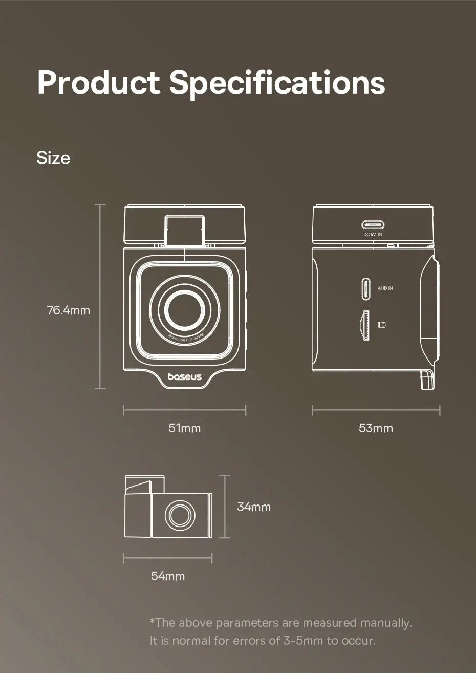 Baseus VD1 Pro dash cam size diagram with 76.4mm × 51mm × 53mm dimensions from Simples Market
