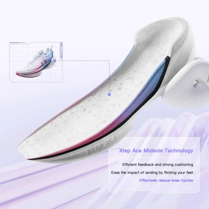 Xtep 360X men's running shoes with carbon plate, white upper and gradient blue–pink midsole, lightweight ETPU