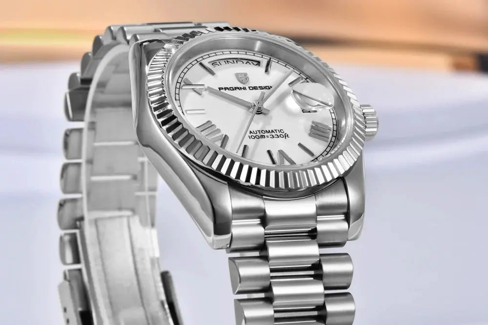 Pagani Design men's stainless steel automatic watch with white dial, magnified date, and fluted bezel