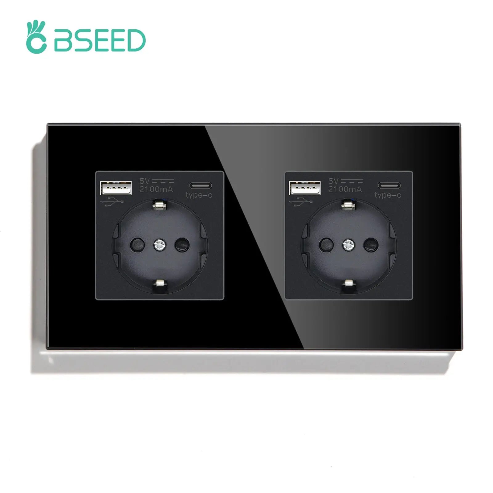 BSEED glass-panel EU-standard dual USB-C wall socket with two outlets, 16A, Simples Market