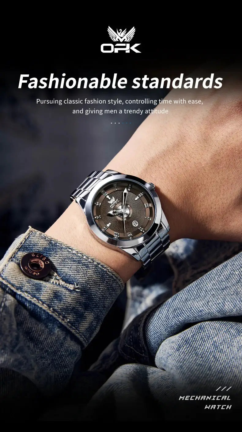OPK stainless steel men's watch with a dark dial on a denim-clad wrist