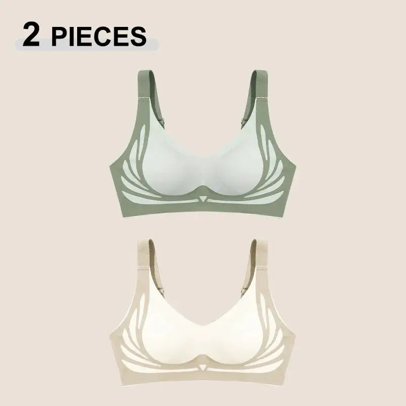 2-piece Simples Market push-up seamless bra set in olive green and beige with angel wings pattern, breathable no-wire.