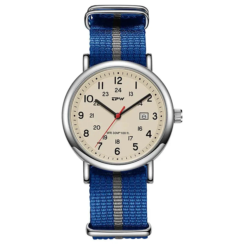 Simples Market TPW Field Watch with blue striped fabric strap, beige 24-hour dial, date window, quartz movement