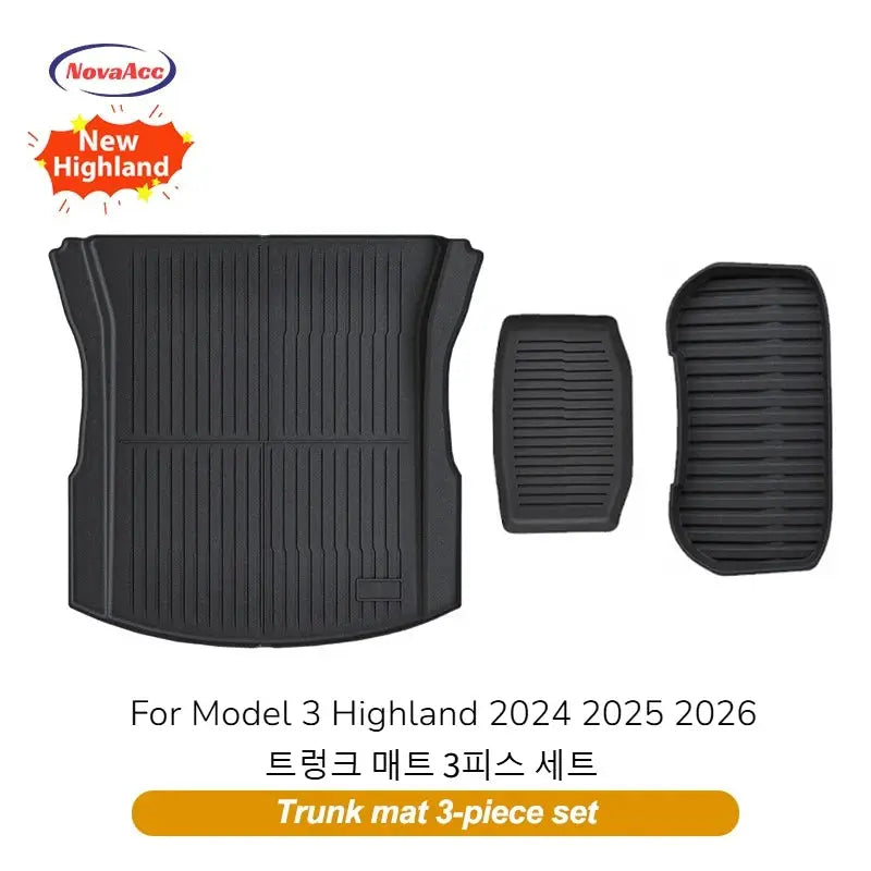 Trunk and floor mat 3-piece set by NovaAcc for Tesla Model 3 Highland (2024–2026), black TPE all-weather
