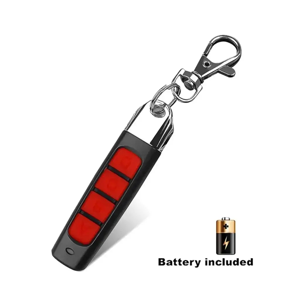 Garage door remote Simples Market 433MHz with four red buttons and metal keychain, battery included