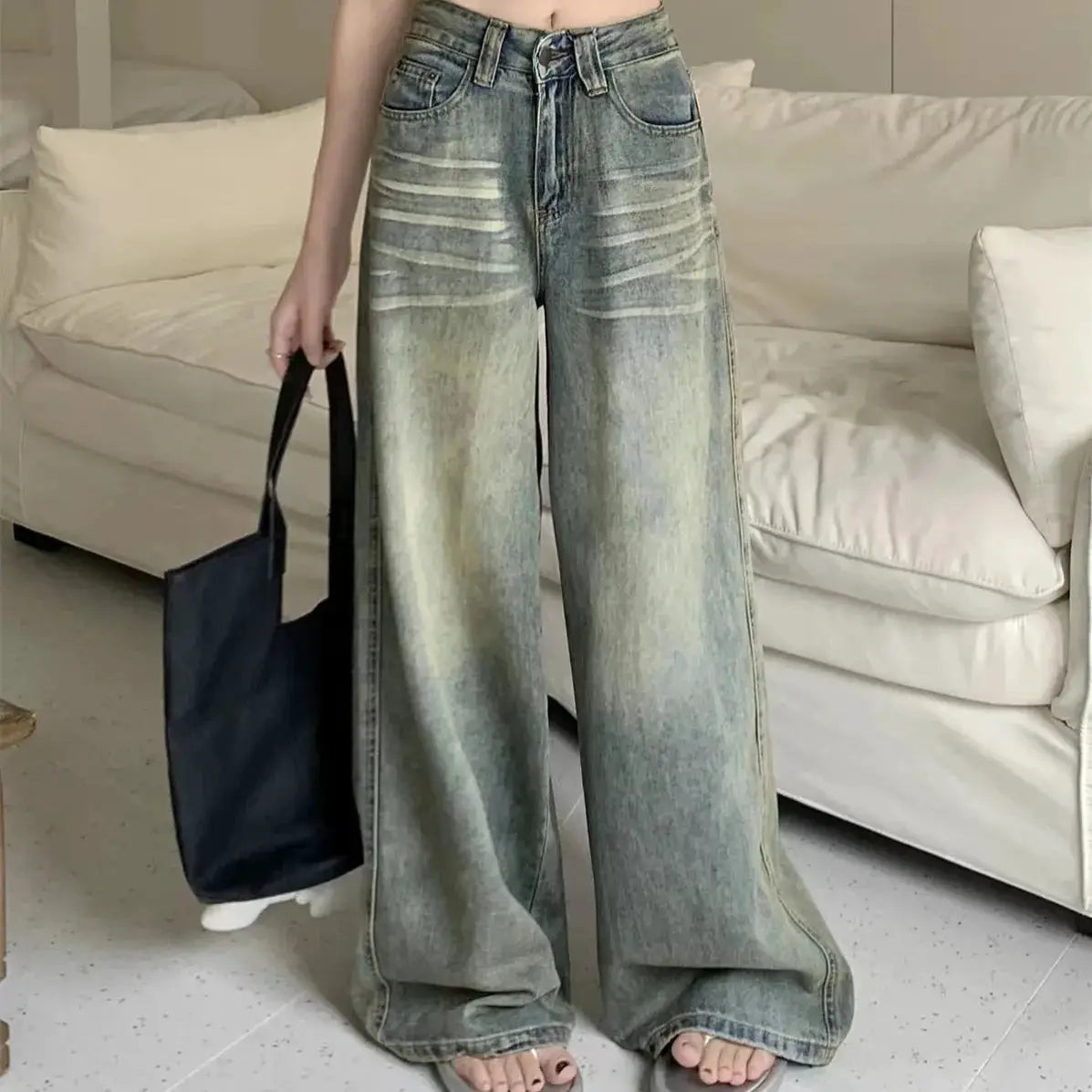 Y2K Loose Straight Leg Jeans Women Baggy Wide Fit High Waist Retro
