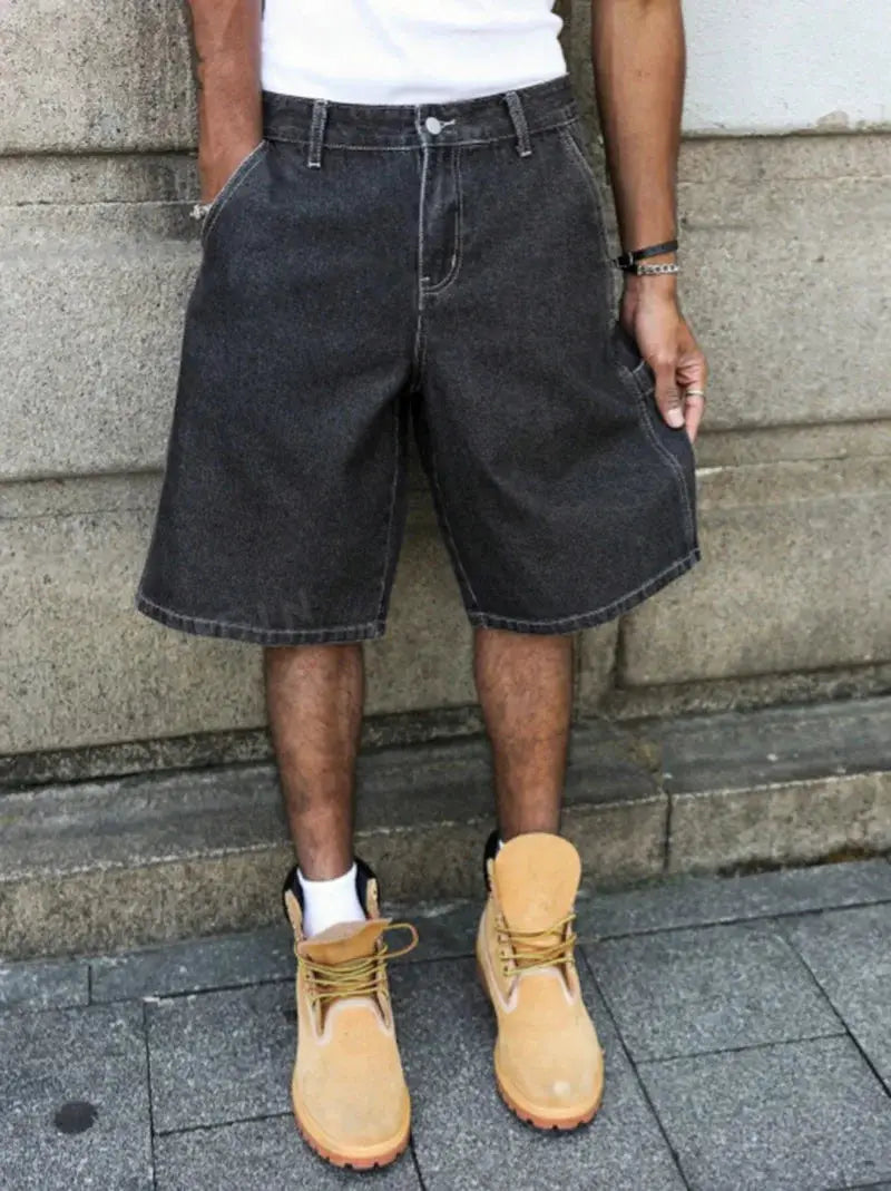 Men's Summer Black-Grey Loose Baggy Denim Shorts by Simples Market