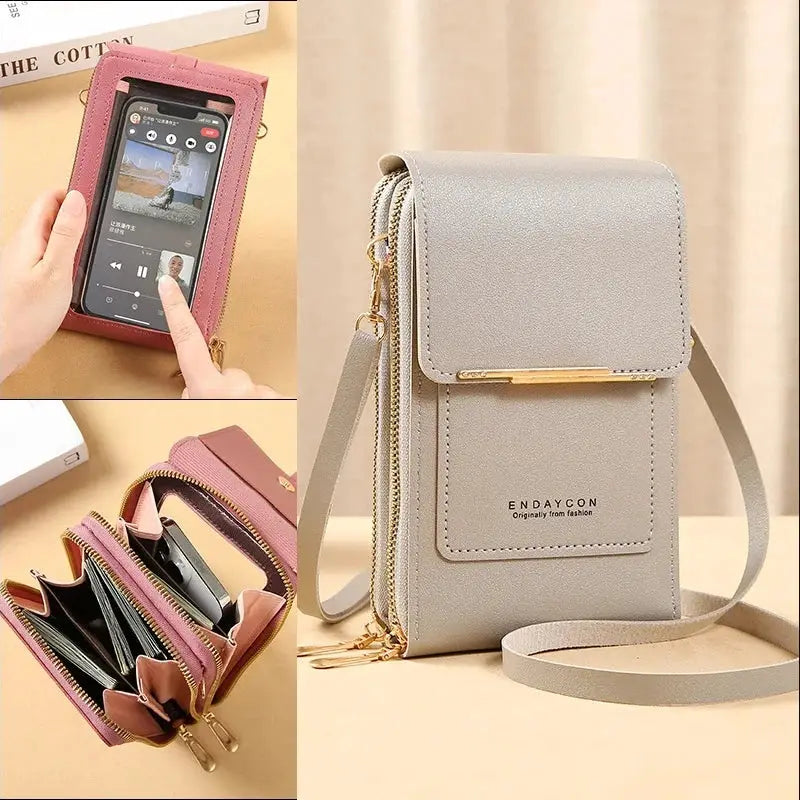 Crossbody phone bag in gray and pink by ENDAYCON with touch-screen window and card slots