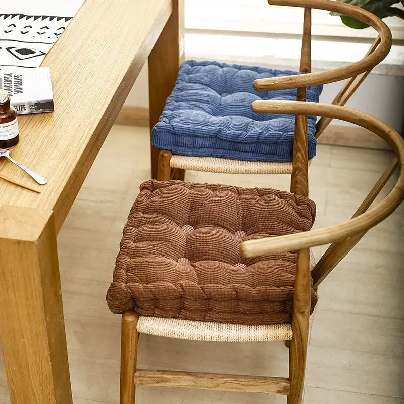 Simples Market thick tufted chair cushions, blue and brown, a pair on wooden chairs