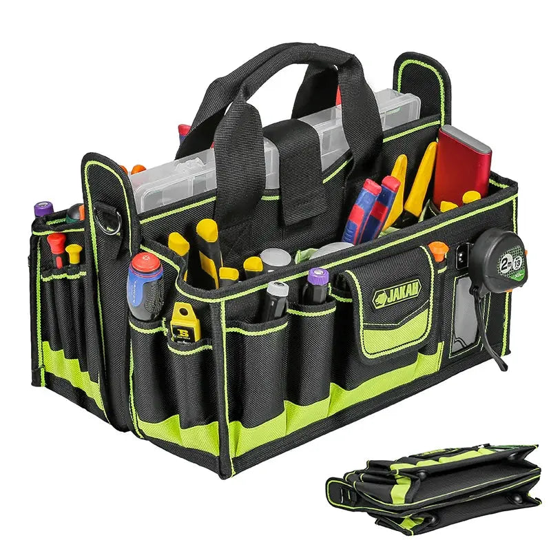 Tool tote bag with 40 pockets, black and neon green trim, JAKAL logo, includes folded carry pouch