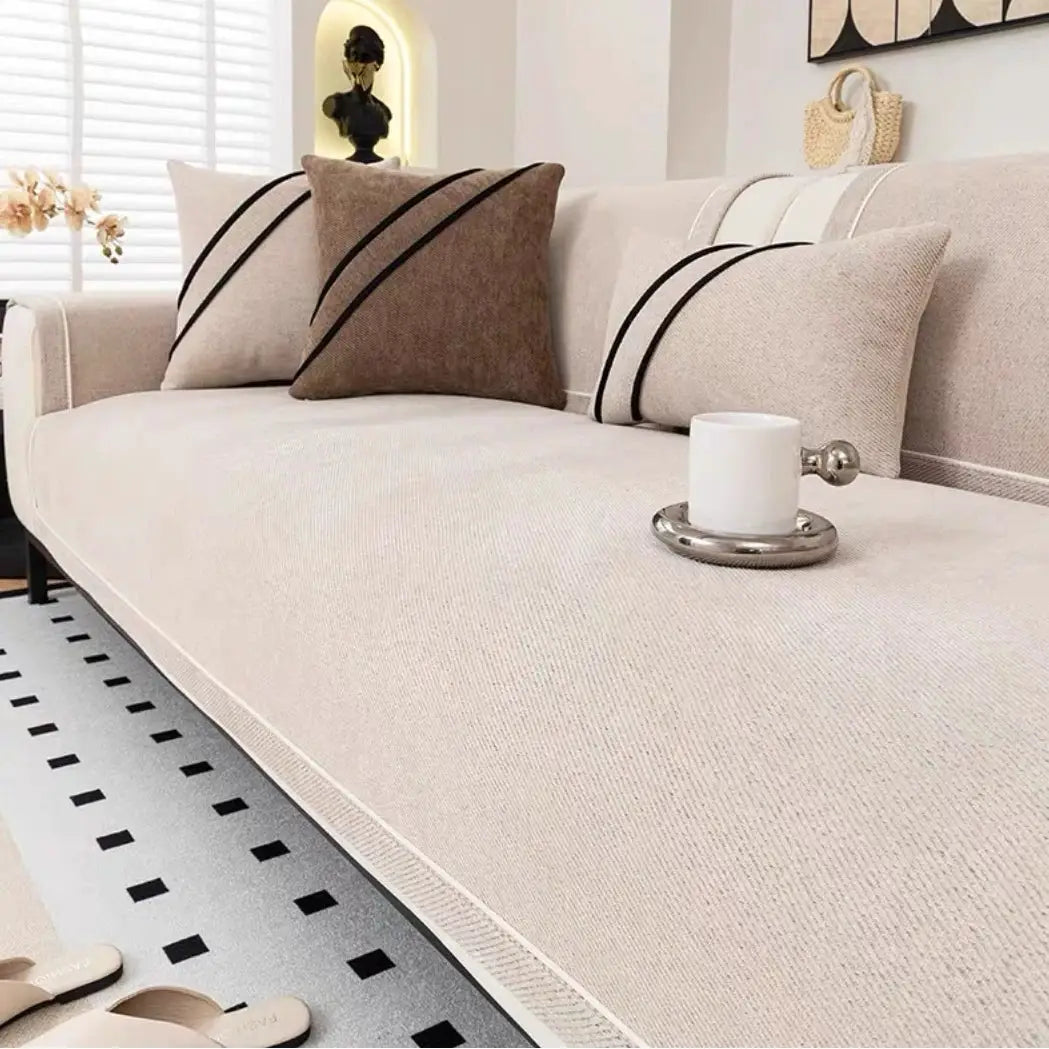 Heavy Non-Slip Sofa Protector Classic beige chenille cover with decorative stitching by Simples Market