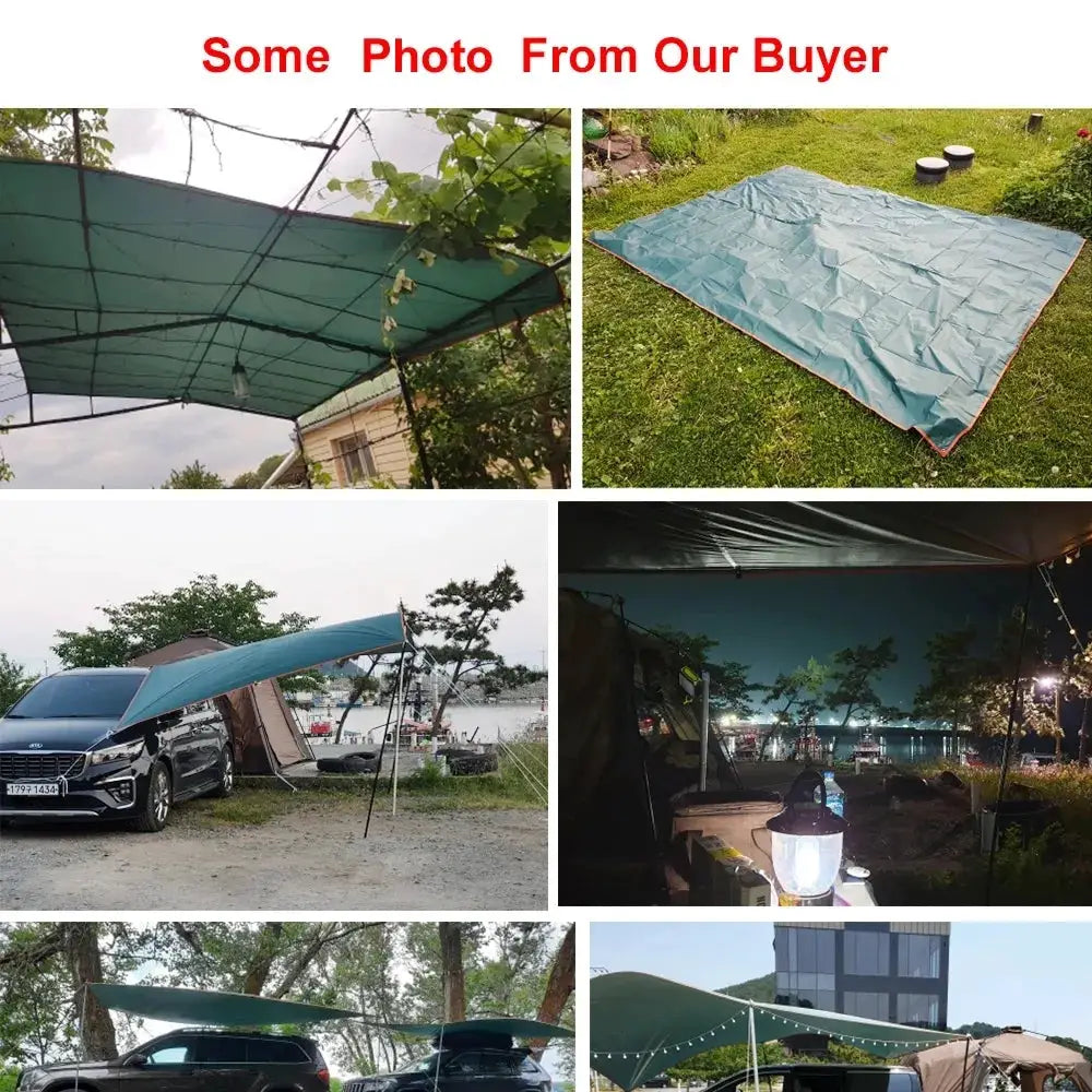 Simples Market green ultra-light canvas garden canopy sunshade for outdoor use; shown set up over yard and campsite