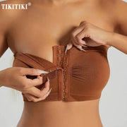 Women's plus-size strapless front-closure bandeau bra by Simples Market, seamless wireless bralette in brown.