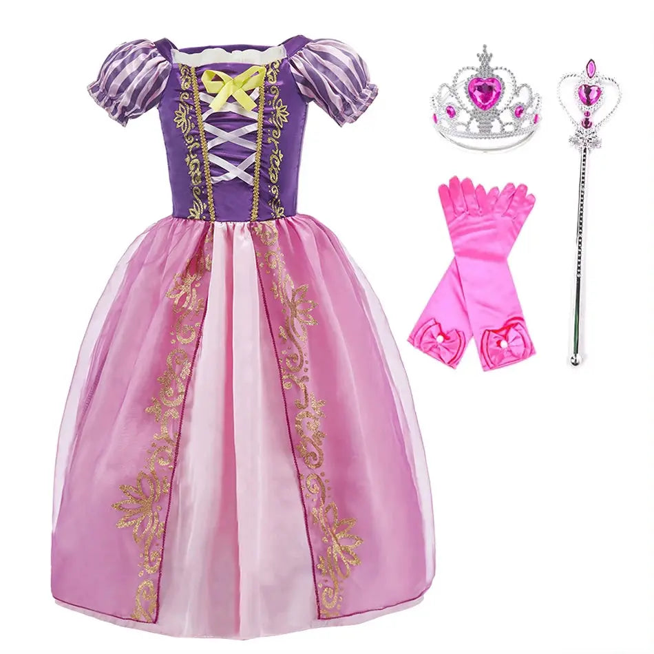 Kids Princess Costume Party Dress With Floral Pattern And Appliques Inspired By Rapunzel And Belle