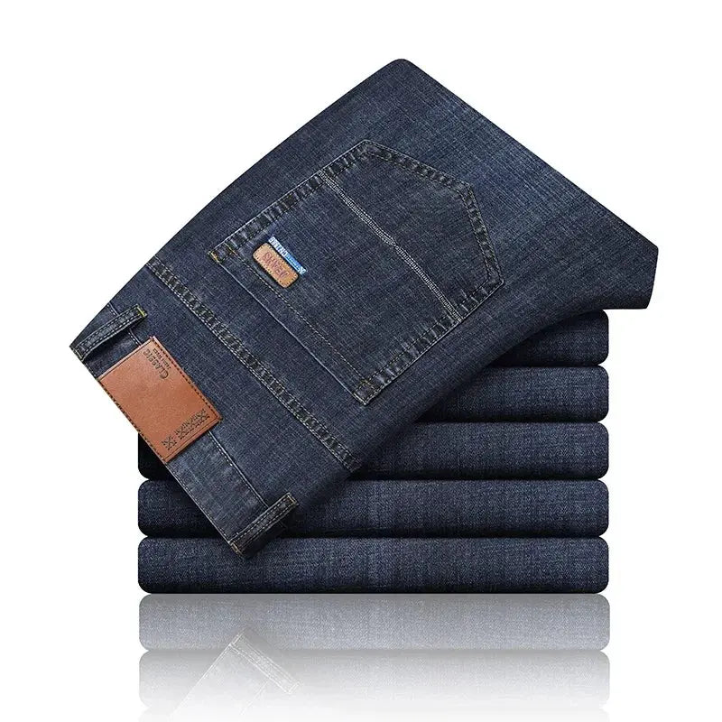 Ice Silk Denim Jeans For Men Blue Straight Stretch Cotton Pants