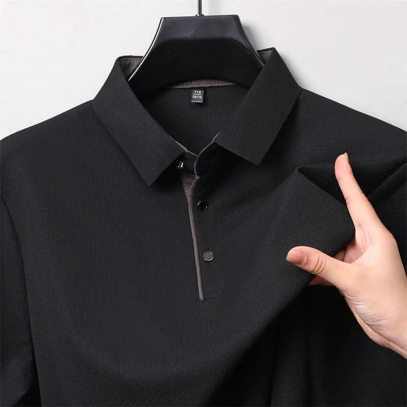 Simples Market men's black long-sleeve polo shirt, business casual solid color with button placket