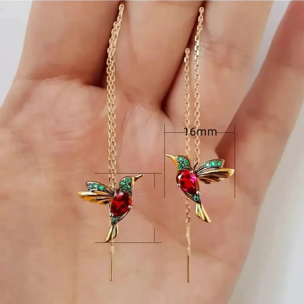 Hummingbird Red CZ Long Drop Earrings For Women Gold Tone Metal Wing Spreading Wedding Party Jewelry