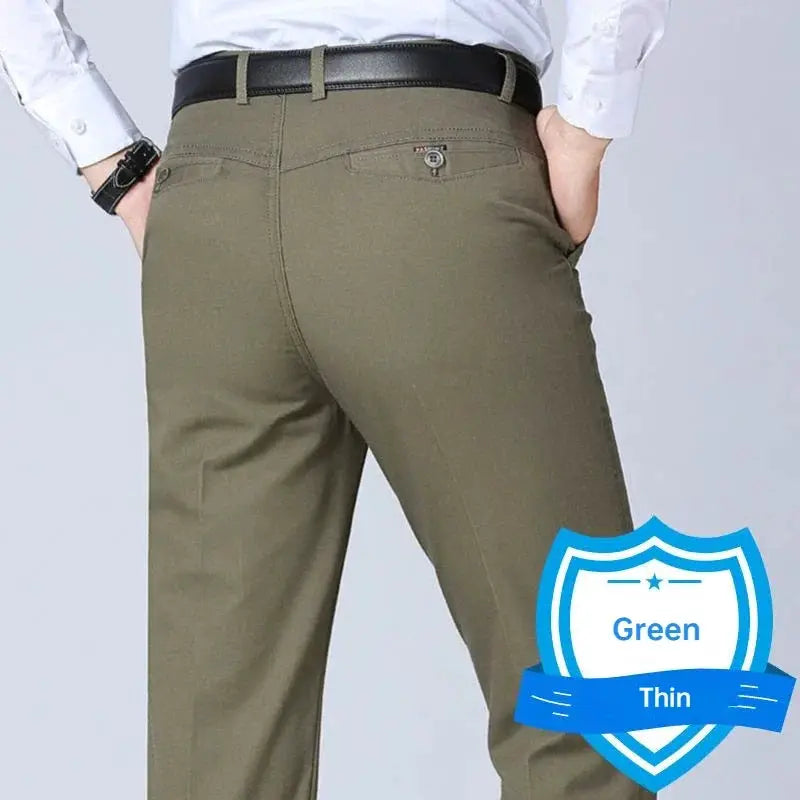 Men's green cotton dress pants with belt, high-waist, straight loose fit, back pocket with button