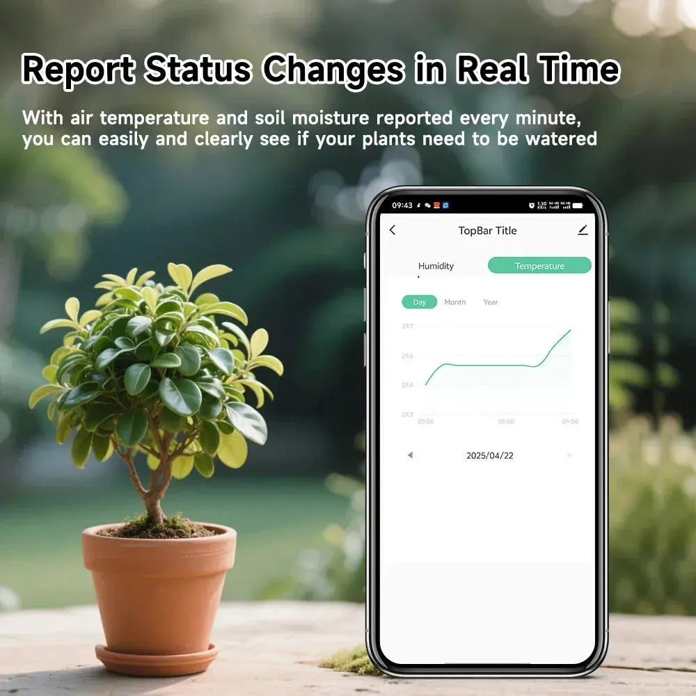 Tuya Bluetooth soil tester by Simples Market; temperature and humidity monitor for irrigation, shown on smartphone app