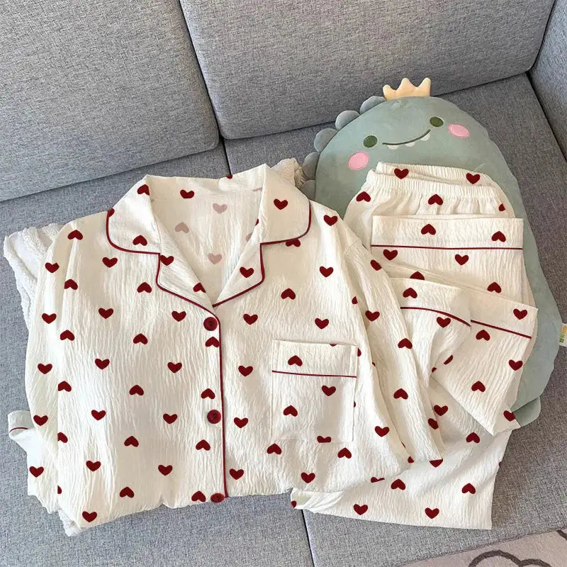 CozyNest Spring And Autumn Women Pajamas Loungewear Set Cardigan Breathable Crinkled Polyester With Love Heart Print