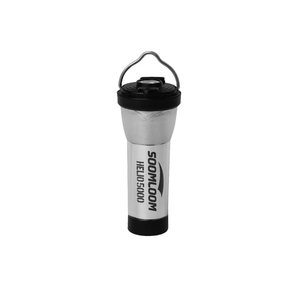 Soomloom Helio 5000 camping lantern; silver cylindrical body with black ends and metal handle