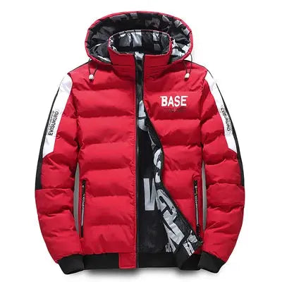 DIMUSI red hooded padded winter jacket with BASE on chest and white sleeve stripes