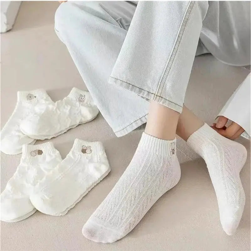 5 Pairs Womens Ankle Socks Spring Summer Cute Bear Rabbit Rainbow Print Casual Short Socks