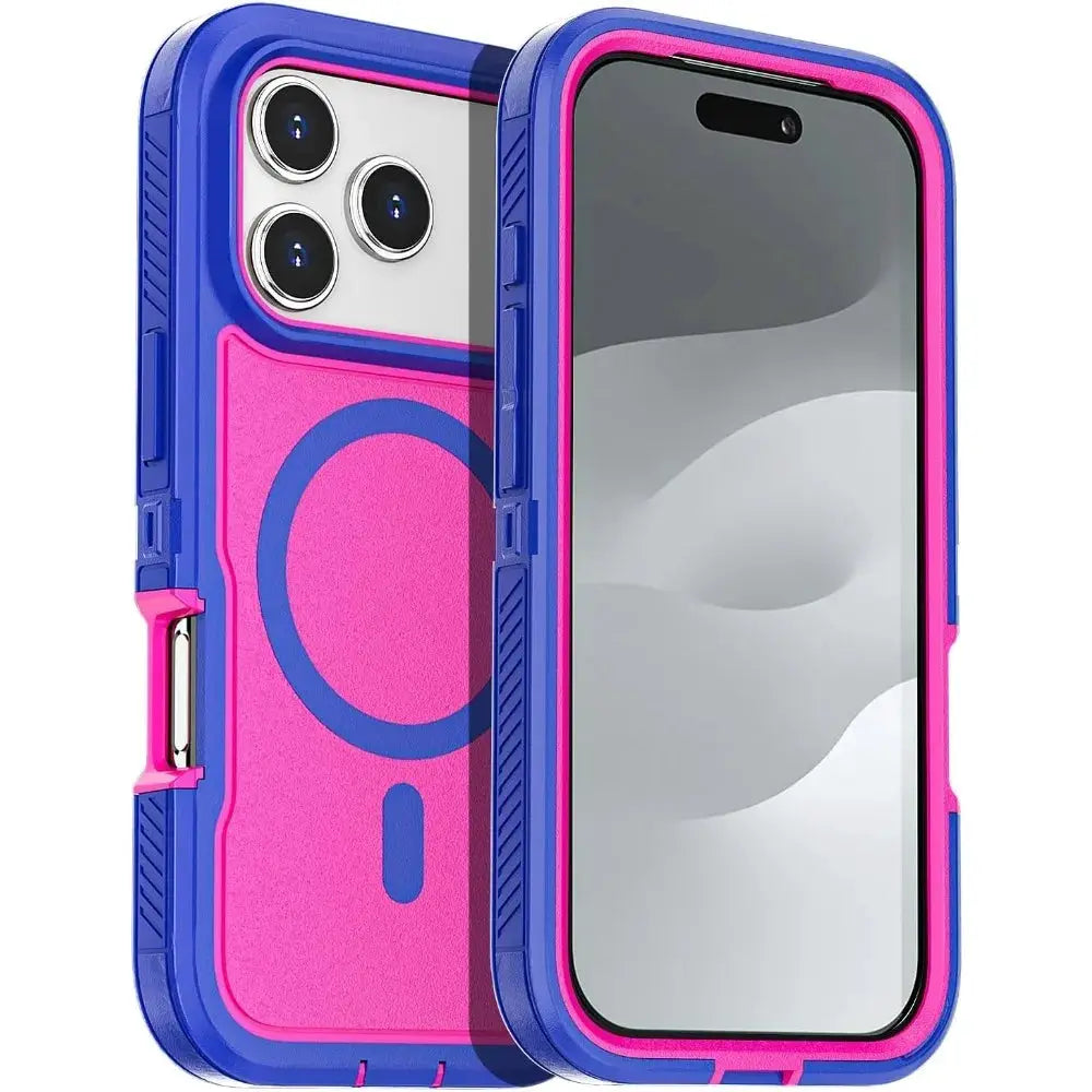 Simples Market Matte Clear Magnetic iPhone case with blue outer and pink inner, anti-slip grip, wireless charging