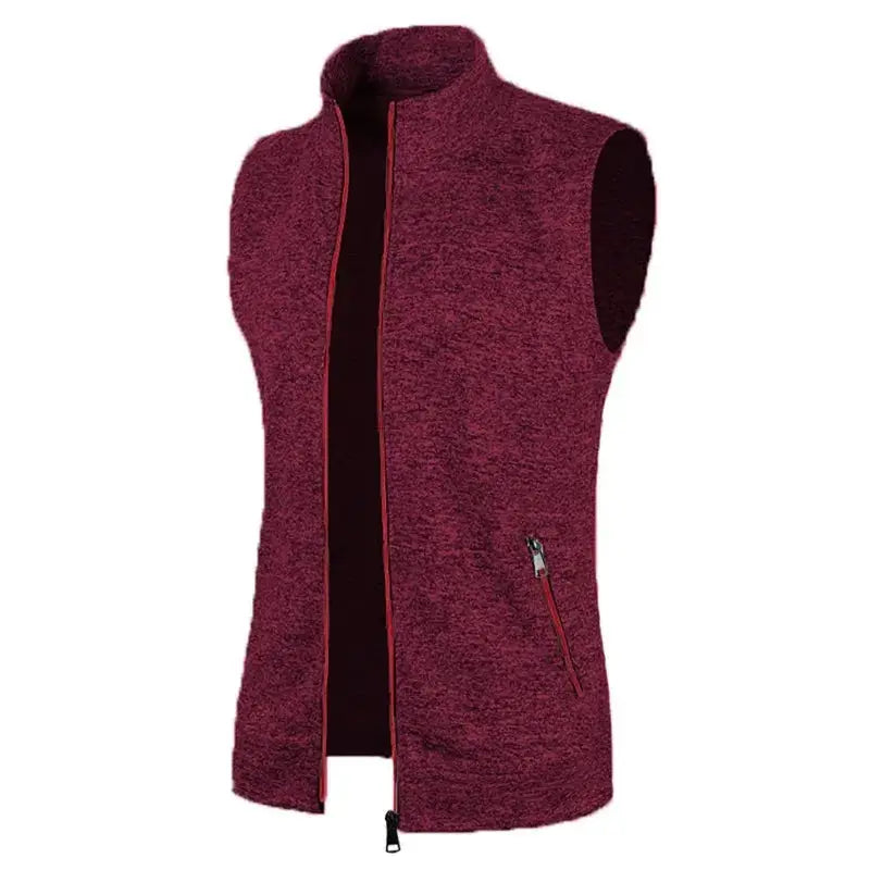 burgundy fleece sleeveless zip vest with high collar and zip pockets by Simples Market
