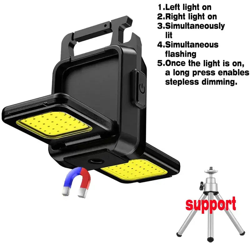 Mini flashlight keychain light with COB work light and 90° foldable side LEDs, USB rechargeable, portable lantern