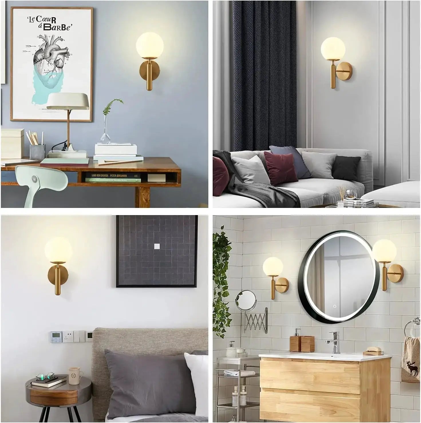 Modern brass wall light by Simples Market with frosted globe shade for bedroom or living room