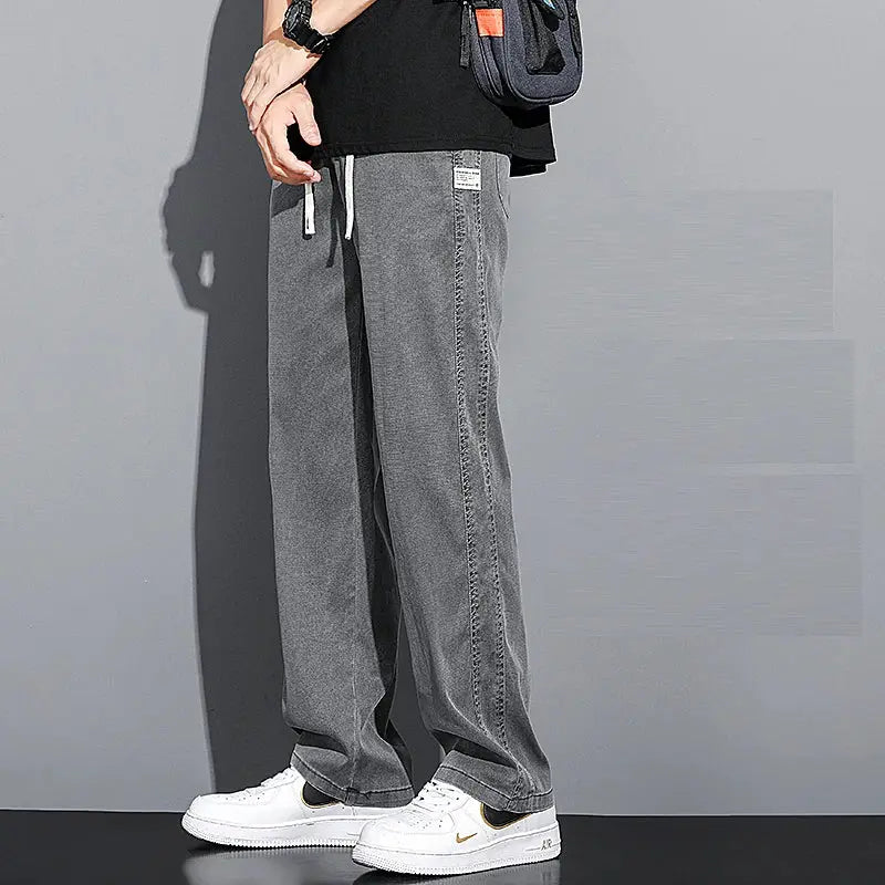 Simples Market men's gray lyocell jeans with drawstring elastic waist, loose straight fit