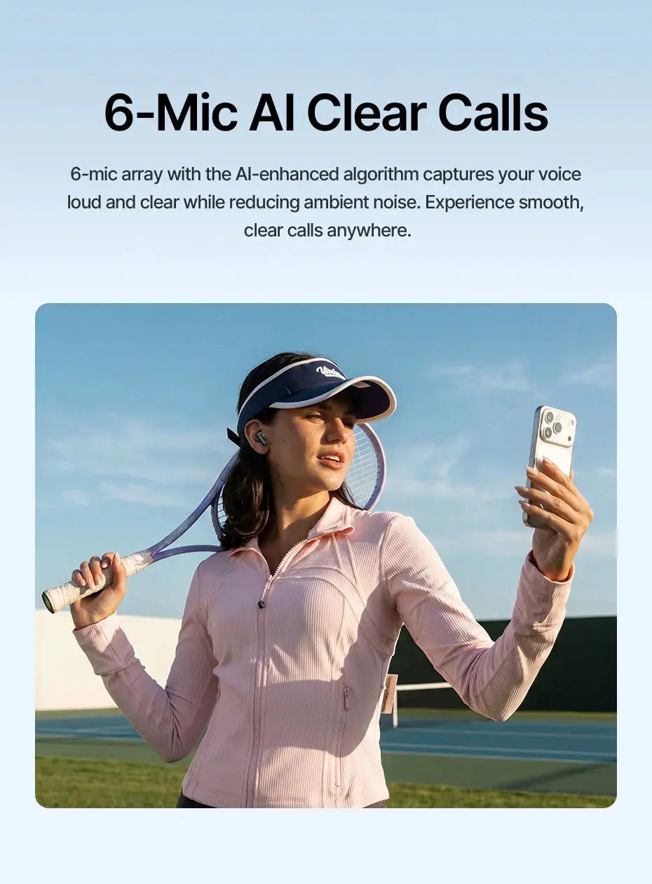 Baseus Bass EP10 Ultra Wireless Earphones, black earbuds worn by a woman on a tennis court.
