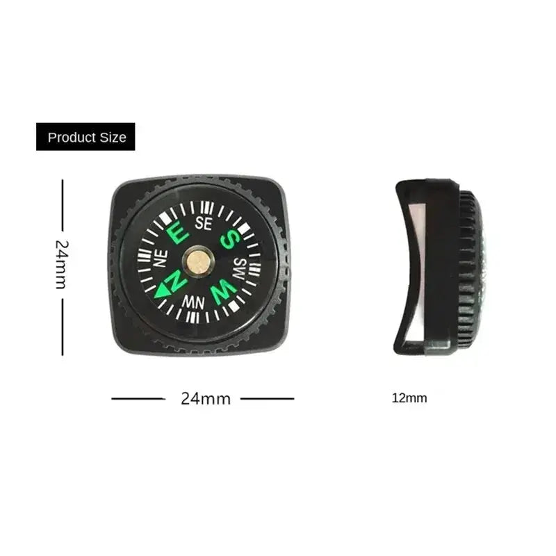 Small outdoor compass for camping and mountaineering; black square housing, green needle, 24mm face, strap under 21mm