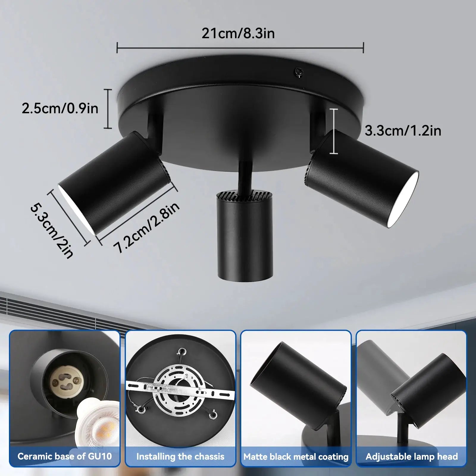 Ceiling spotlight by Simples Market; matte black with 3 adjustable GU10 heads and replaceable bulbs