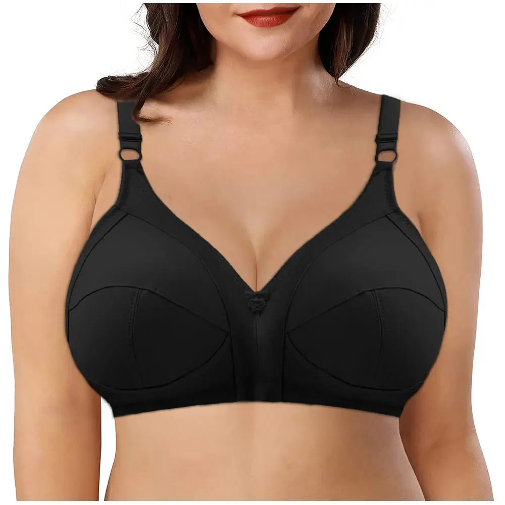 Black plus-size seamless full-cup bra with non-padded cups and push-up design, wide straps.