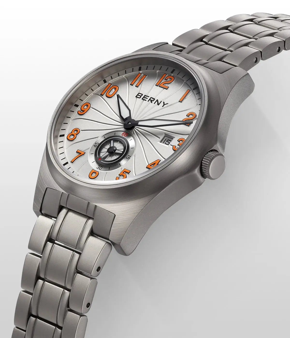 BERNY full titanium automatic men's wristwatch with orange numerals and silver dial on titanium bracelet
