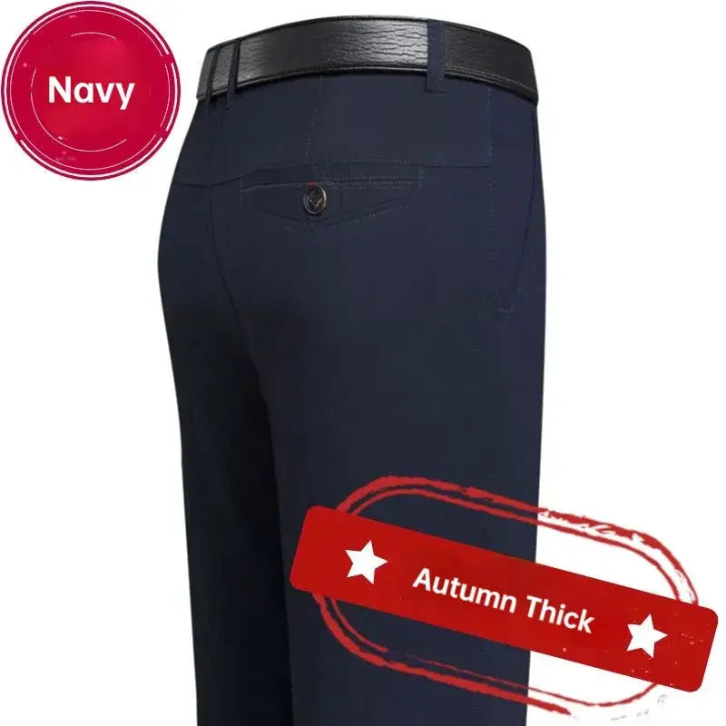 Men's navy 100% cotton pants with belt, high-waist straight loose slacks