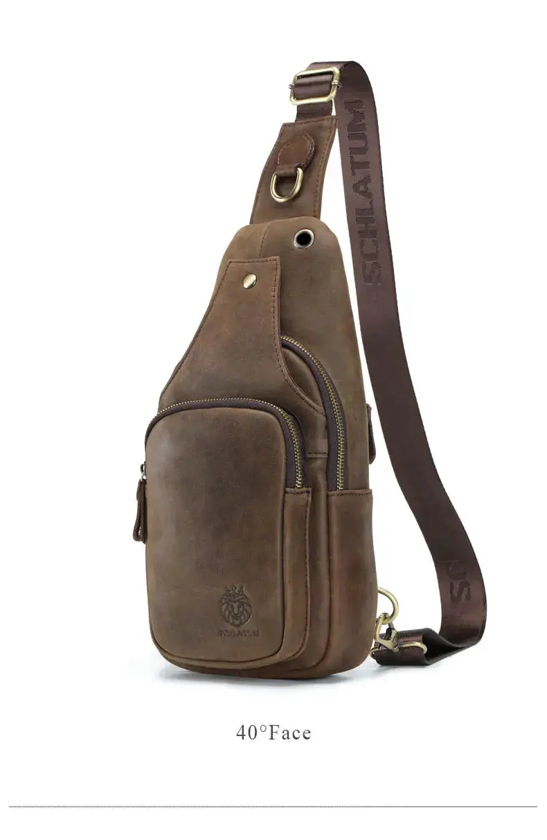 SCHLATUM genuine leather chest bag, brown triangle crossbody backpack with front zip pockets and adjustable strap