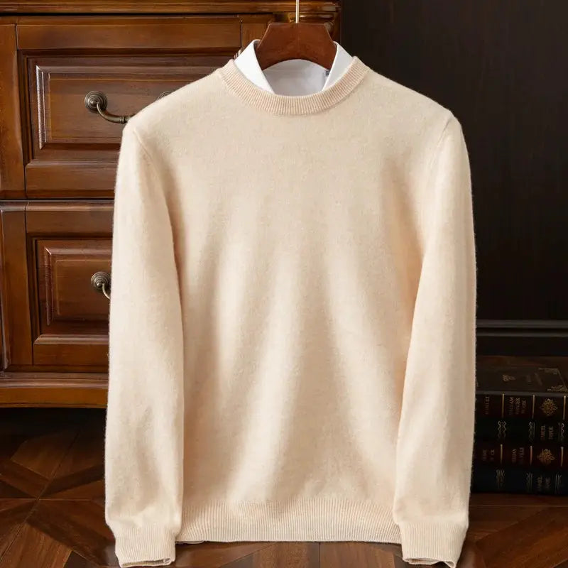 Beige men's cashmere crew-neck sweater, oversized pullover