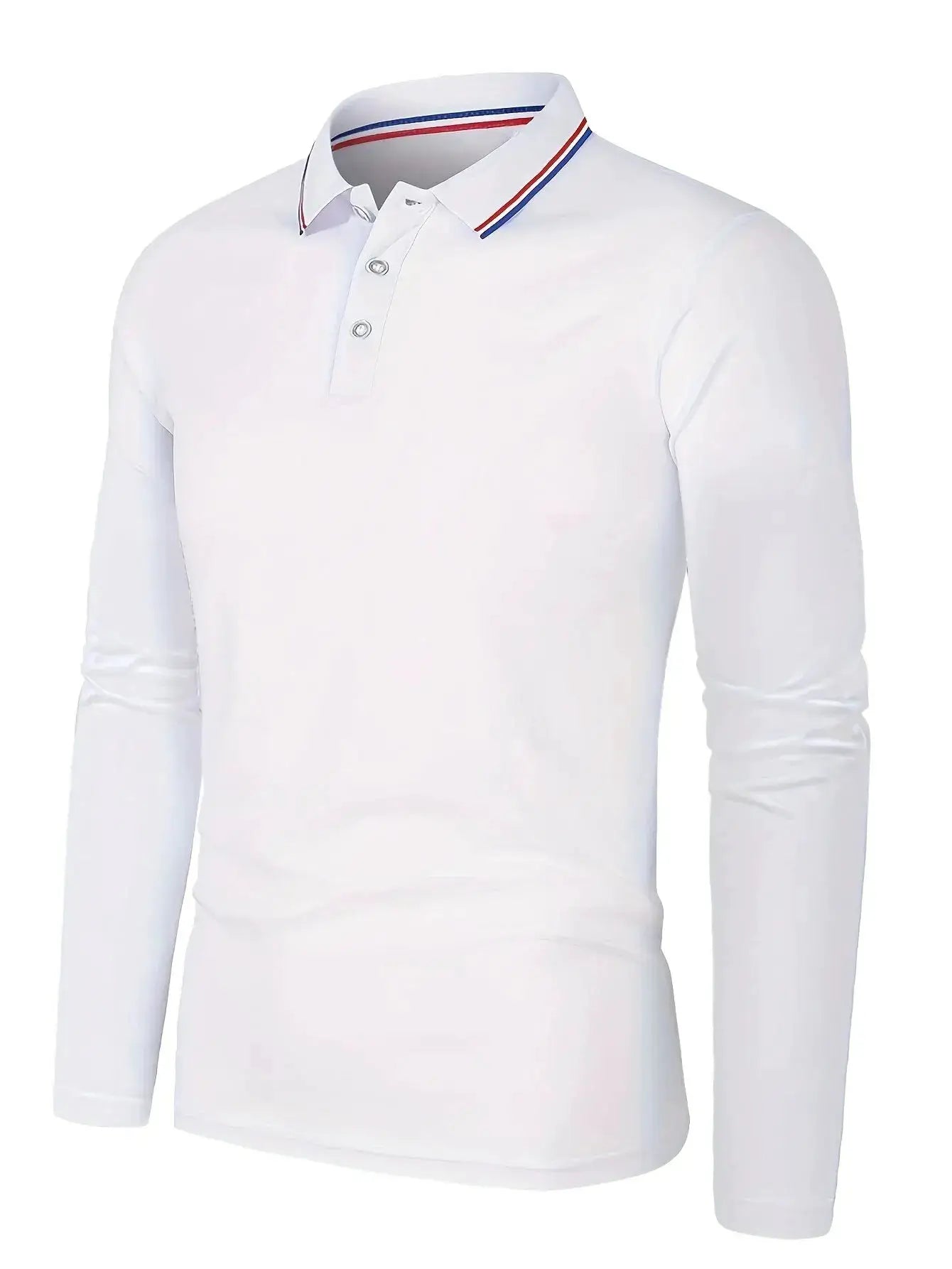 Men's white long-sleeve polo shirt with red and blue striped collar, Simples Market