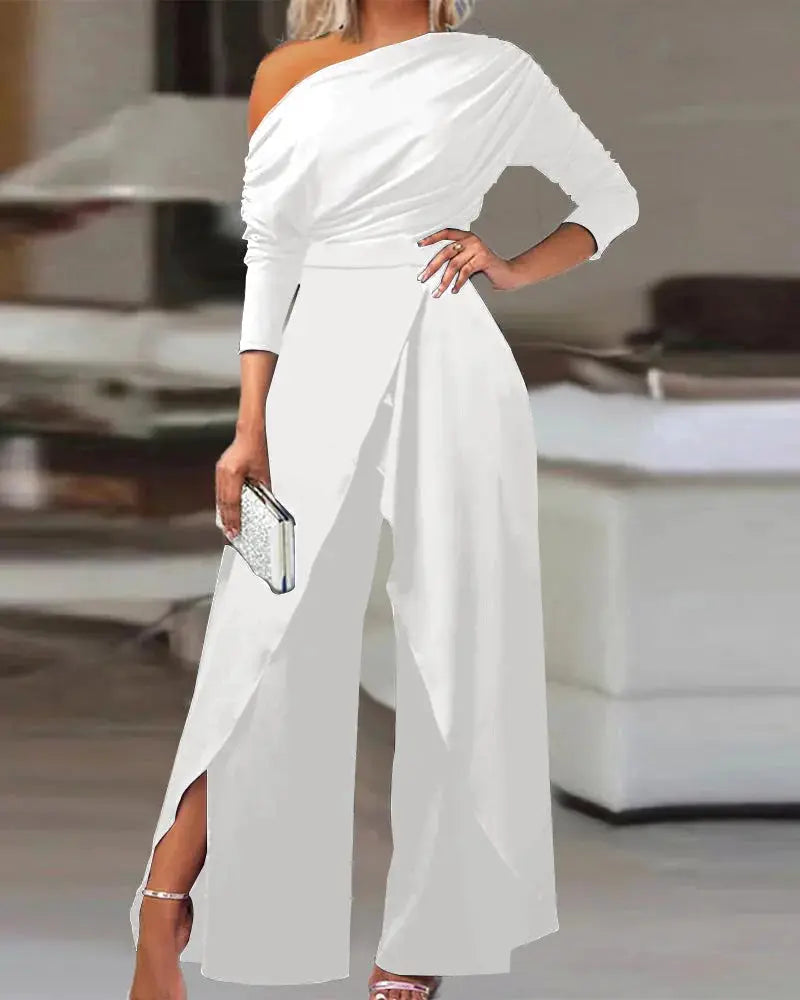 Women's white one-shoulder ruched jumpsuit with wide-leg split hem