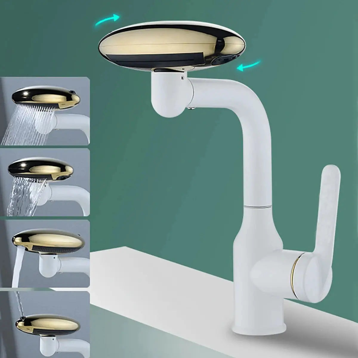 Multi-functional waterfall basin faucet with 4 spray modes and 360° rotation, white body with gold dome head