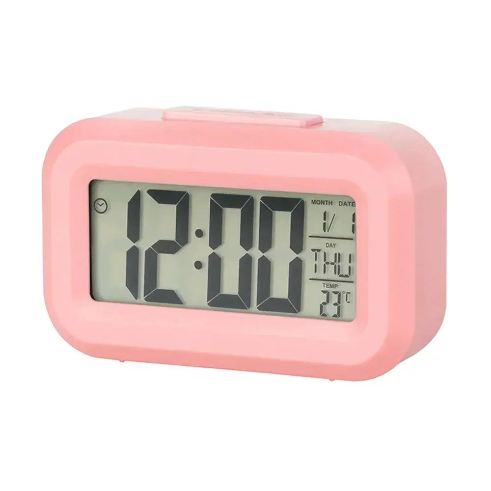 Pink LED digital alarm clock with calendar and temperature display for desktop use