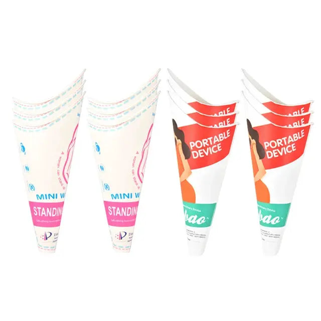 4-pack disposable paper urination devices for women, white bodies with pink/blue accents and red-labeled versions
