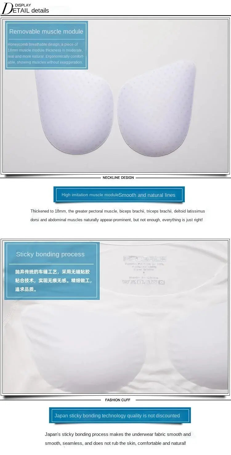Men's body shaper undershirt with 2 removable muscle pads, white breathable cosplay chest enhancer from Simples Market