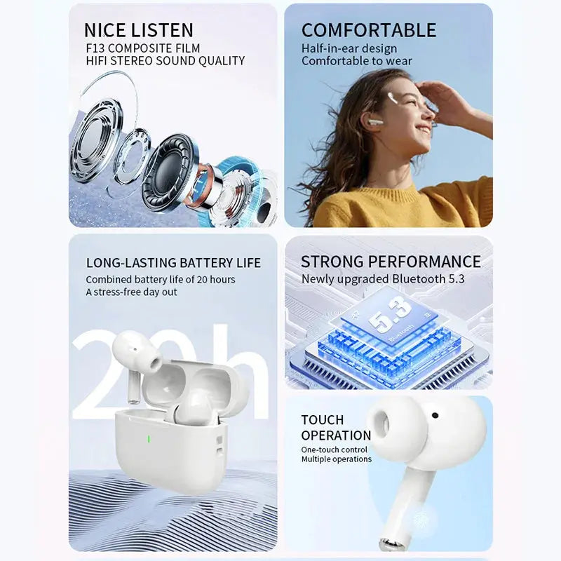 Simples Market 2025 Air Pro white wireless Bluetooth TWS earphones with charging case and touch controls