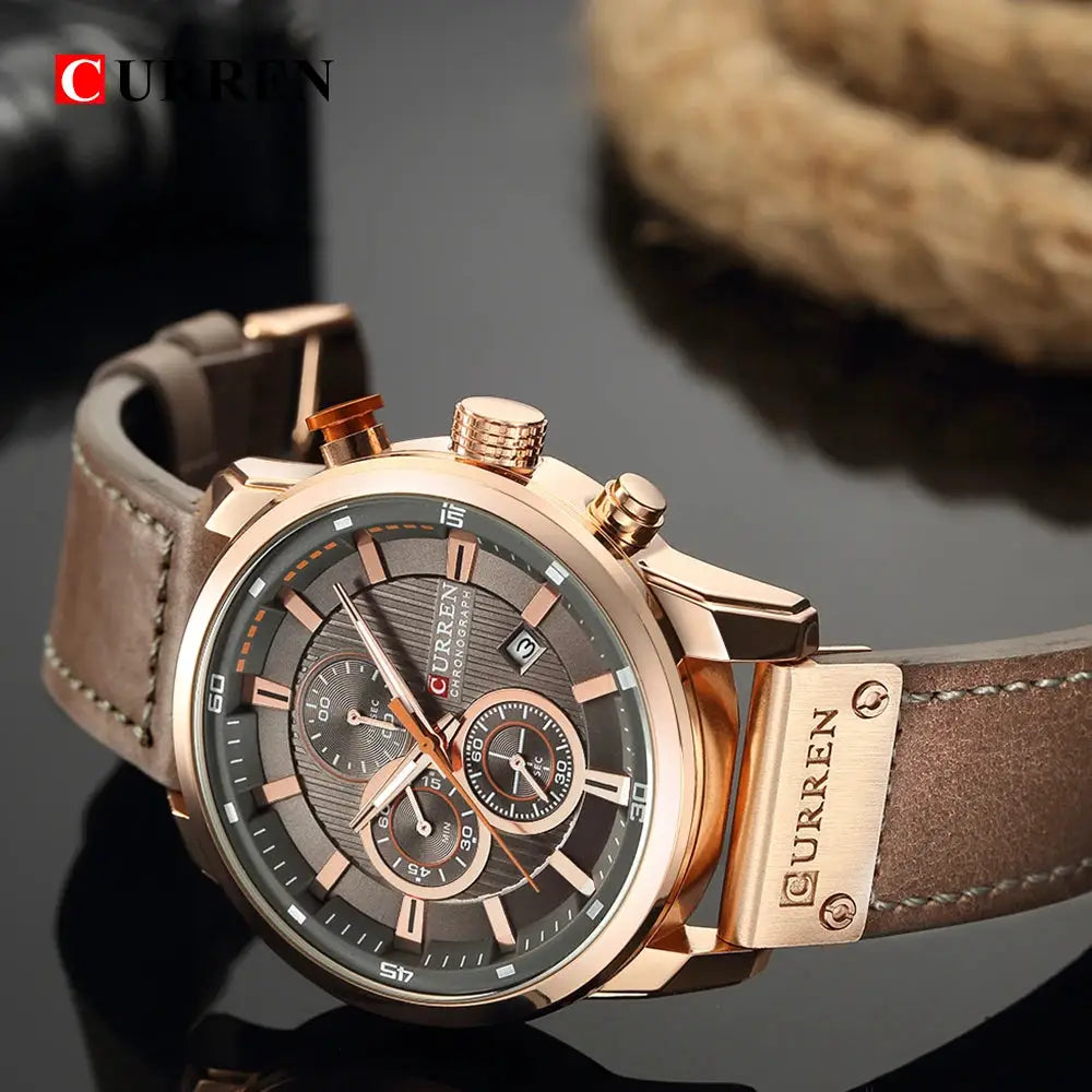 CURREN 8291 men's quartz chronograph watch with rose-gold case, brown leather strap, and chronograph subdials.