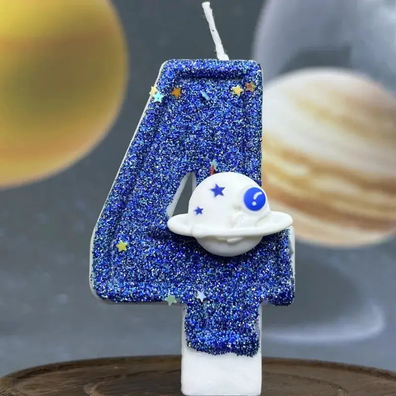 Planet Themed Spaceship Digital Candle 0 To 9 Dark Blue Birthday Cake Decoration For Outer Space Party