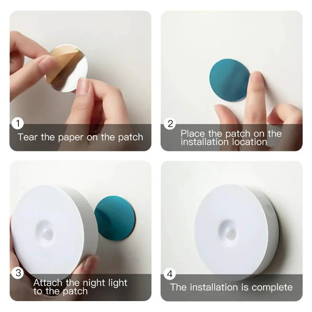 Night light Simples Market; round white LED lamp with blue adhesive wall patch for mounting
